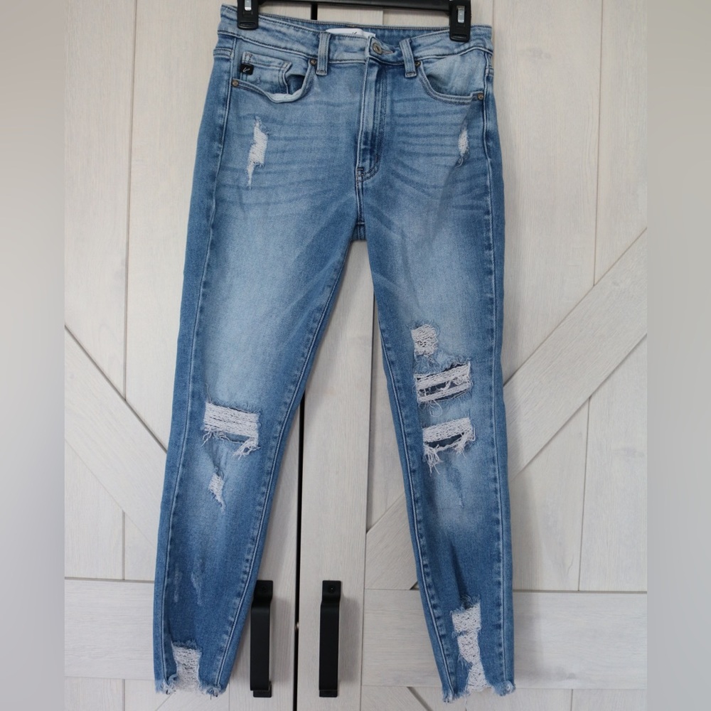 KanCan distressed straight leg jeans with raw hem